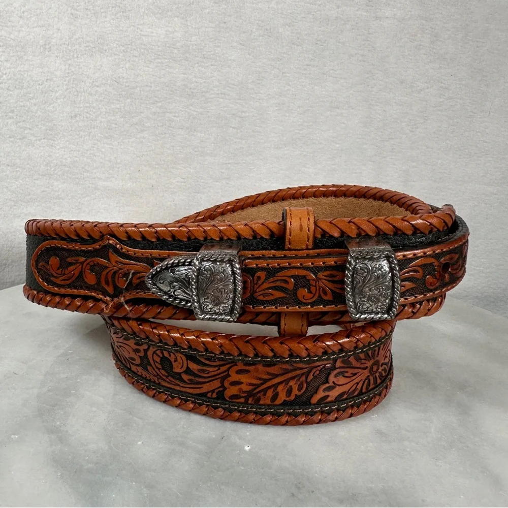 Brown Leather belt western‎ black tooled stitching Silver Buckle cowboy cowgirl